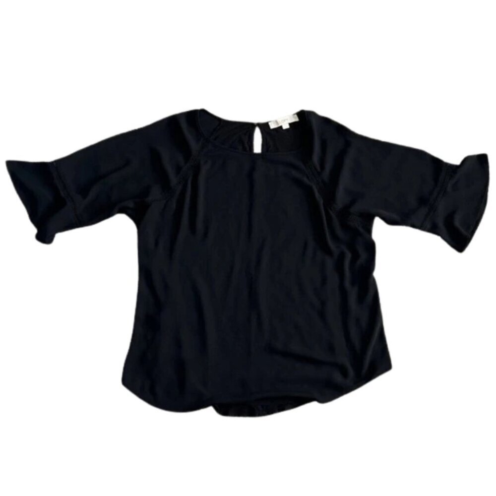 LOFT Women’s Black Ruffle Elbow Sleeve Keyhole Blouse - Size L